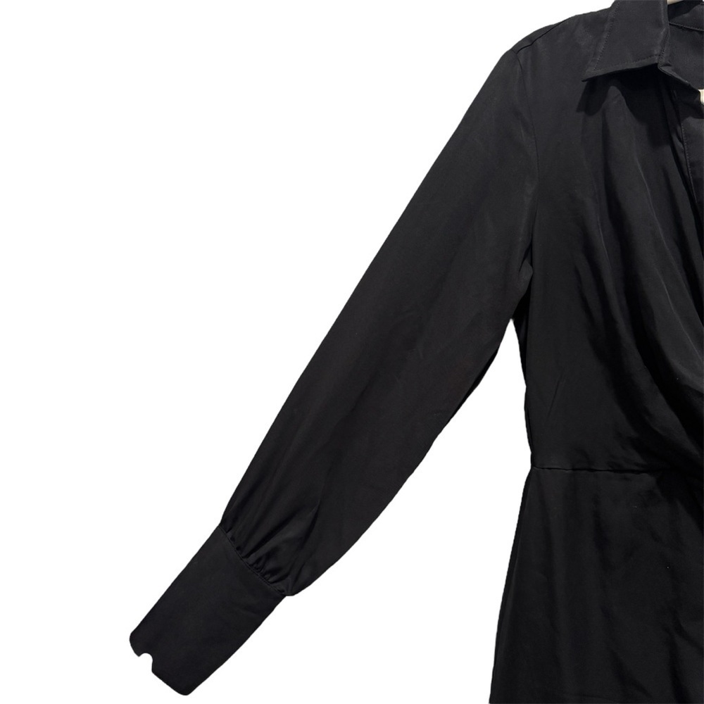 Aqua Collared Faux Wrap Mini Dress Long Sleeves Deep V-neck Ruched Black Size S - Picture 9 of 11